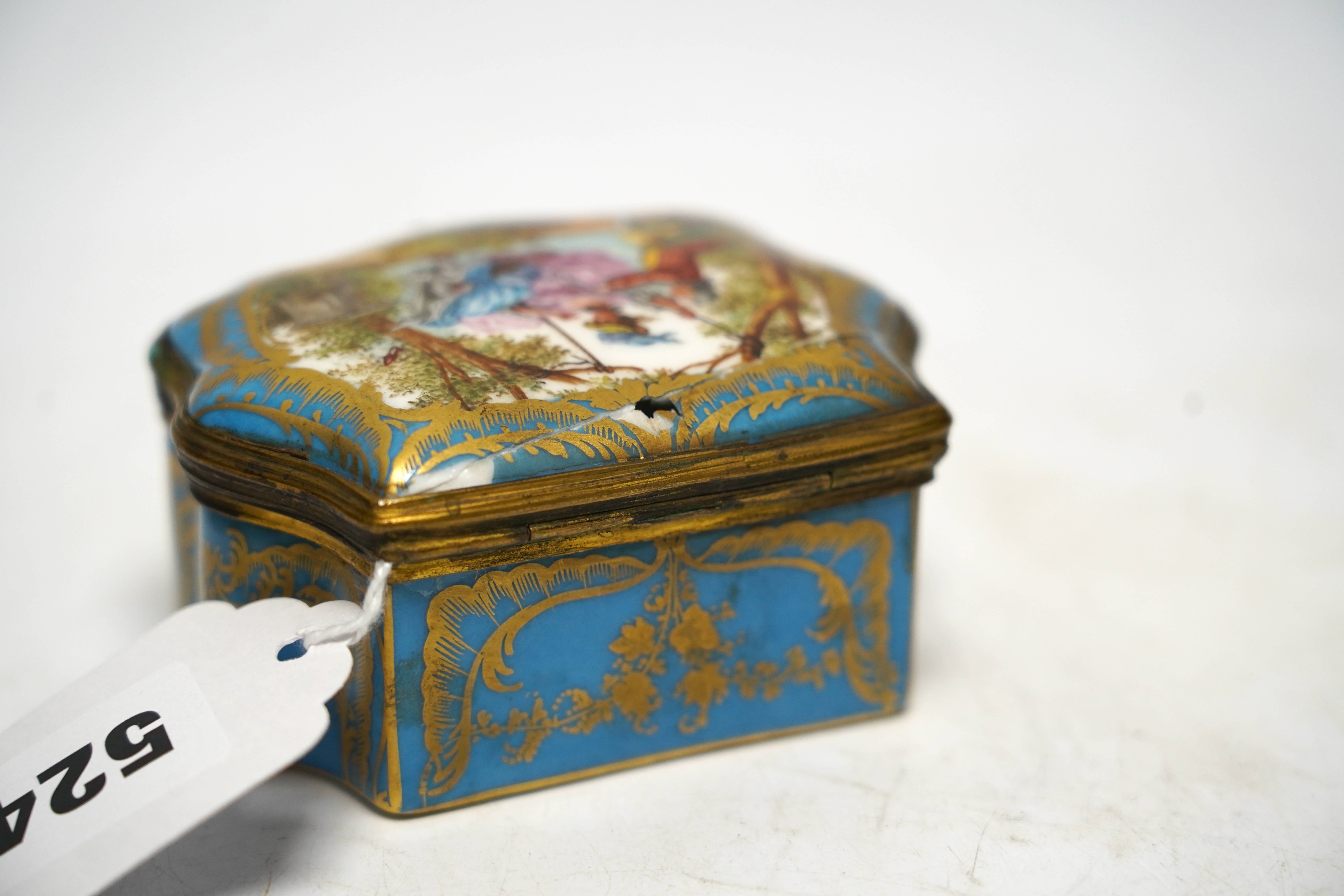 A South Staffordshire enamel bodkin case, 9cm wide, and three other enamel items; a patch box, thread holder and box with hinged cover.